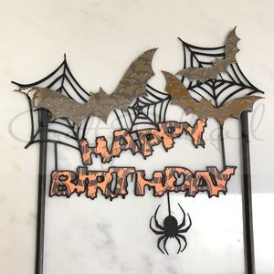 Halloween Birthday Cake Topper with Spider Spiderwebs Bats Paper Straws Handmade
